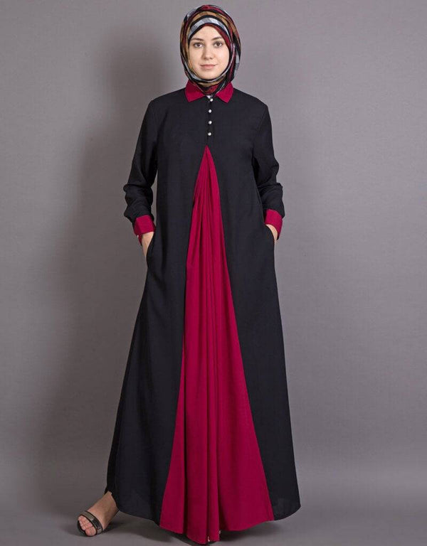 Chic Contrast Yoke Black Maroon Casual Abaya Black