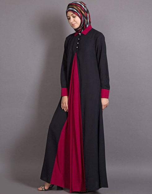 Chic Contrast Yoke Black Maroon Casual Abaya Black