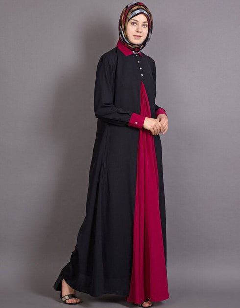Chic Contrast Yoke Black Maroon Casual Abaya Black