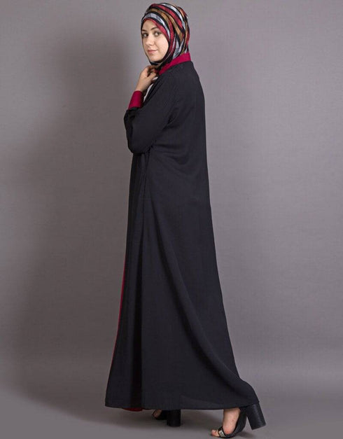 Chic Contrast Yoke Black Maroon Casual Abaya Black