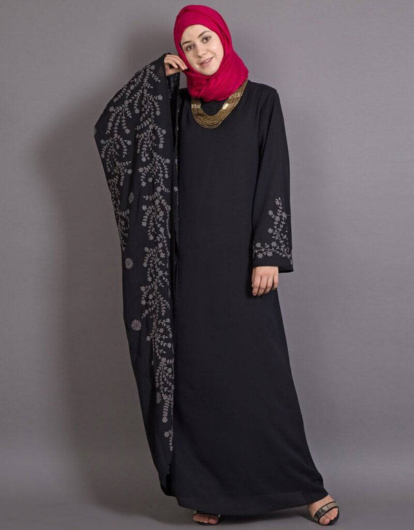 Trendy Embroidered Butterfly Sleeve Party Abaya Black