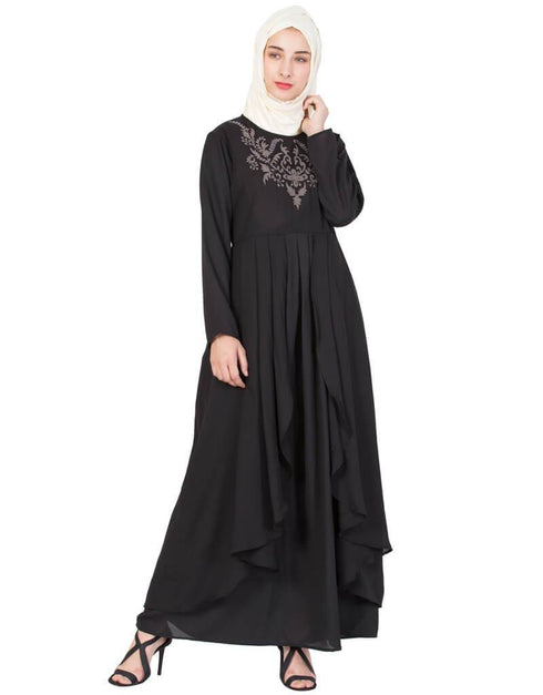 Modern Neck Embroidered Party Abaya Black