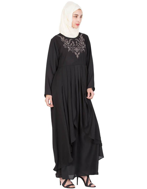 Modern Neck Embroidered Party Abaya Black