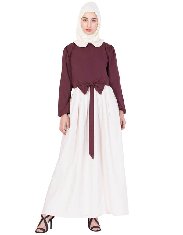 Dubai Embroidered Peter Pan Collar Party Abaya Maroon