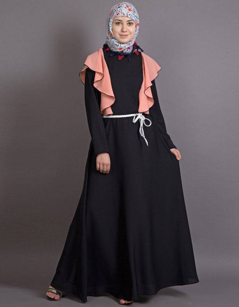 Women Frill casual daily wear casual pink abaya Black