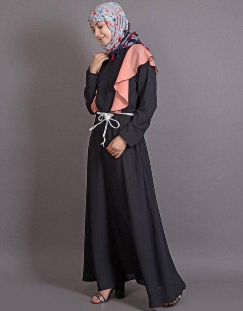 Women Frill casual daily wear casual pink abaya Black