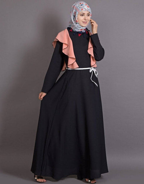 Women Frill casual daily wear casual pink abaya Black