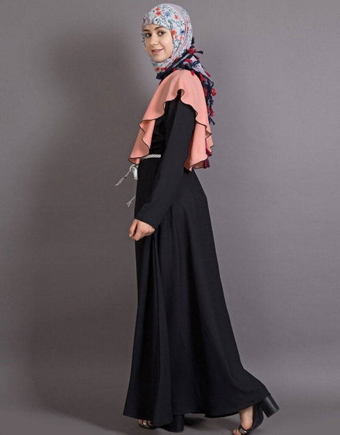 Women Frill casual daily wear casual pink abaya Black