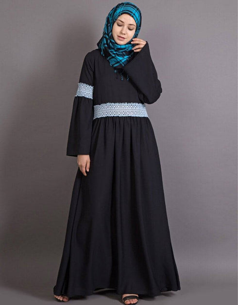 Chic Lace at waist and sleeve classic abaya Black