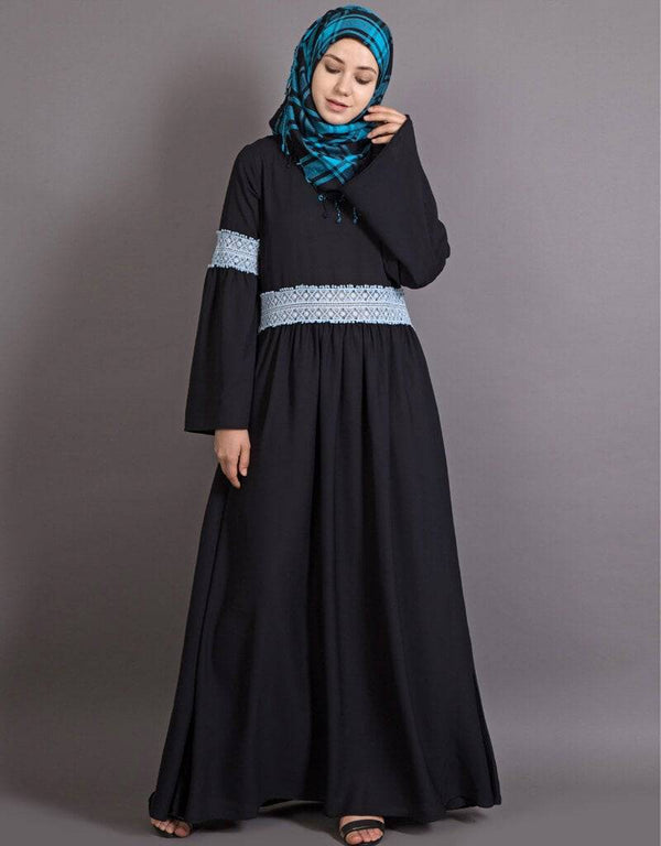Chic Lace at waist and sleeve classic abaya Black