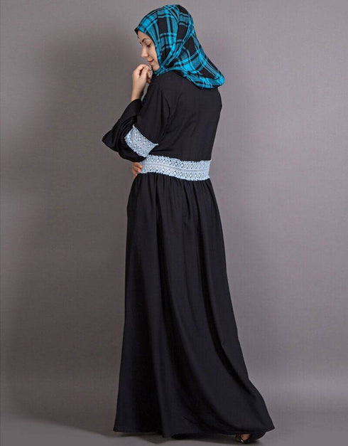 Chic Lace at waist and sleeve classic abaya Black
