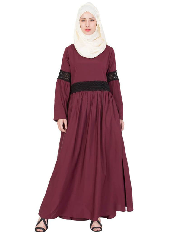 Trendy Lace at waist and sleeve classic abaya Maroon