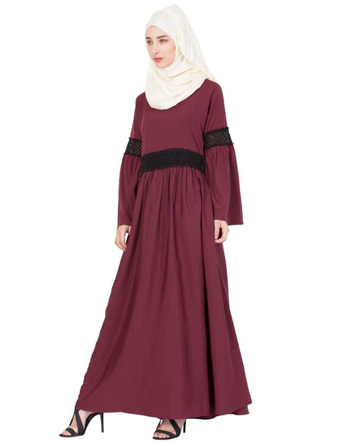 Trendy Lace at waist and sleeve classic abaya Maroon