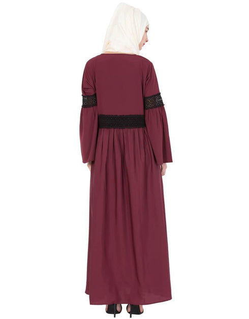 Trendy Lace at waist and sleeve classic abaya Maroon