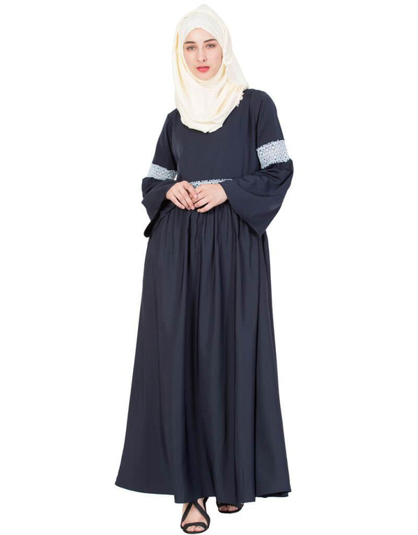 Modern Lace at waist and sleeve classic abaya Blue