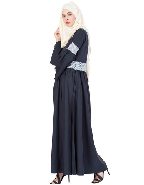 Modern Lace at waist and sleeve classic abaya Blue