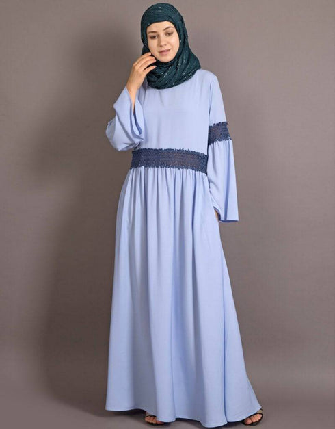 Dubai Lace at waist and sleeve classic abaya Blue