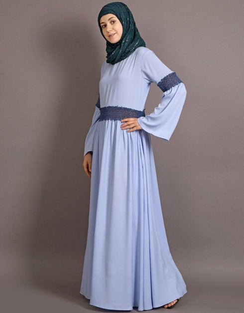 Dubai Lace at waist and sleeve classic abaya Blue