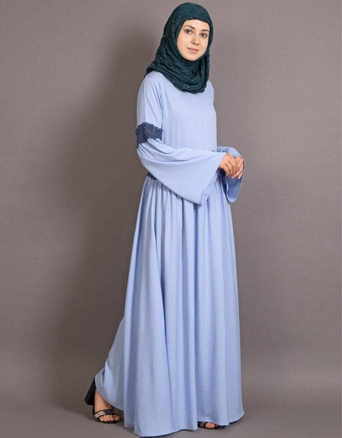 Dubai Lace at waist and sleeve classic abaya Blue