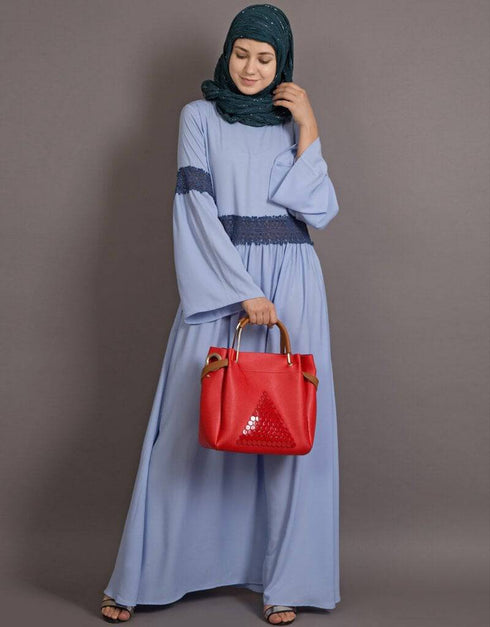 Dubai Lace at waist and sleeve classic abaya Blue