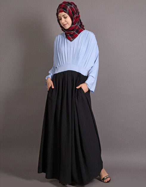 Muslim Pleated contrast casual chic Abaya Blue