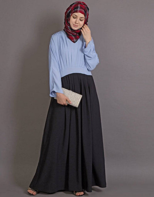 Muslim Pleated contrast casual chic Abaya Blue