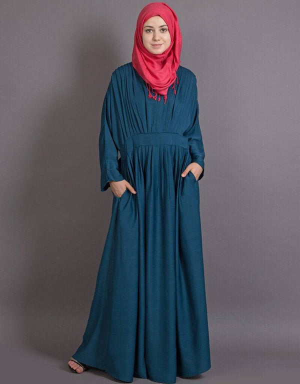 Modest Pleated contrast casual classic Abaya Teal