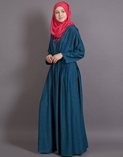 Modest Pleated contrast casual classic Abaya Teal
