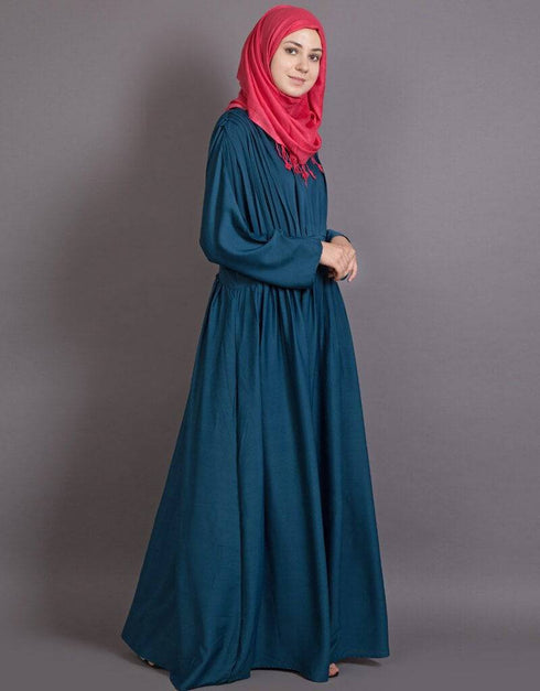 Modest Pleated contrast casual classic Abaya Teal