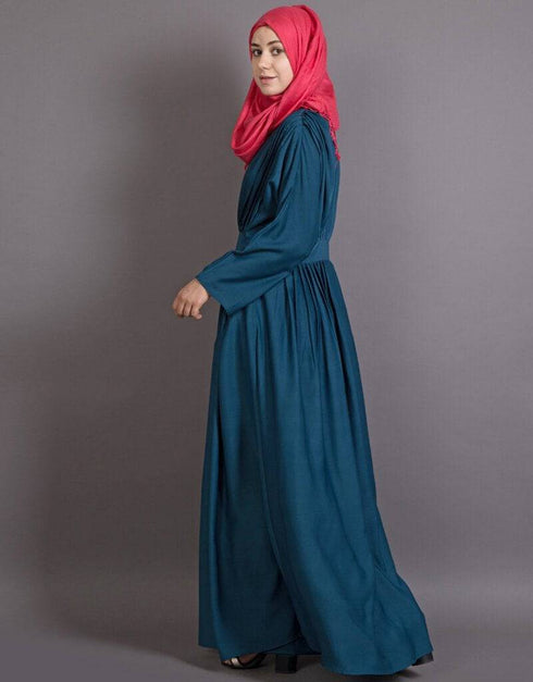Modest Pleated contrast casual classic Abaya Teal