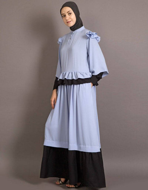 Modest Contrast frilled funky Abaya Blue