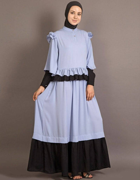 Modest Contrast frilled funky Abaya Blue