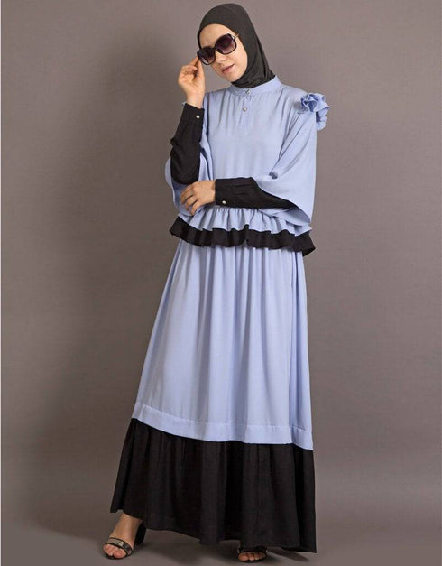 Modest Contrast frilled funky Abaya Blue