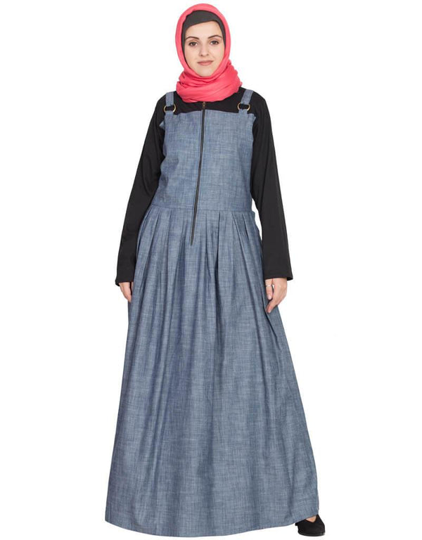 Dubai Front open Contrast jersey and chambray straps Abaya Blue