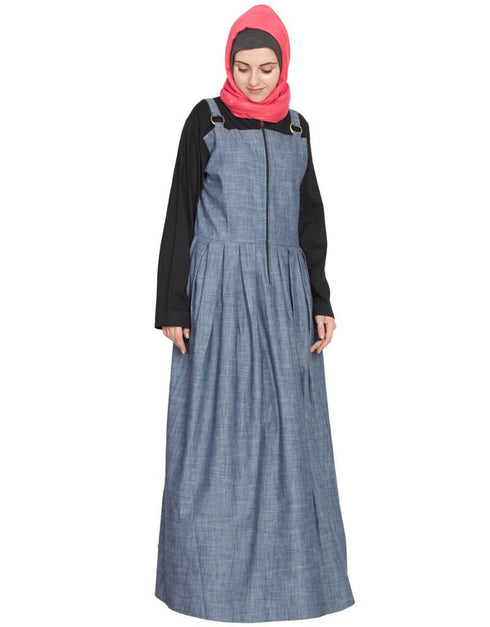 Dubai Front open Contrast jersey and chambray straps Abaya Blue
