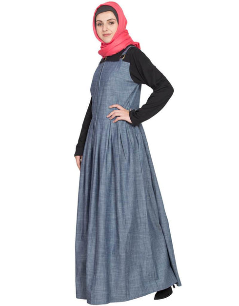 Dubai Front open Contrast jersey and chambray straps Abaya Blue
