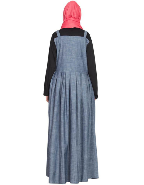 Dubai Front open Contrast jersey and chambray straps Abaya Blue