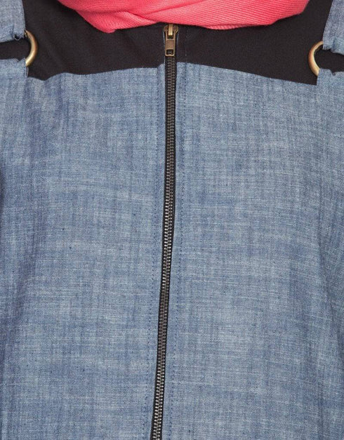 Dubai Front open Contrast jersey and chambray straps Abaya Blue