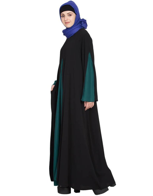 Muslim Contrast Yoke at front Back and Sleeve A line Abaya Black