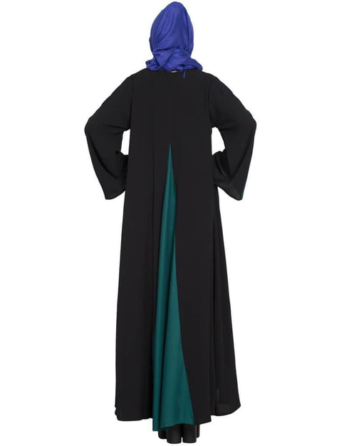 Muslim Contrast Yoke at front Back and Sleeve A line Abaya Black