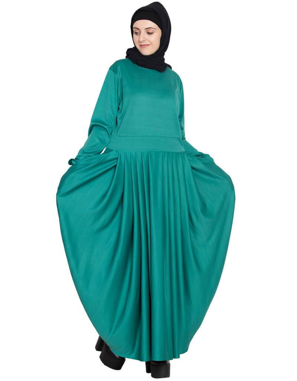 Modern Waist pleated stretchable knits travel Teal abaya Green