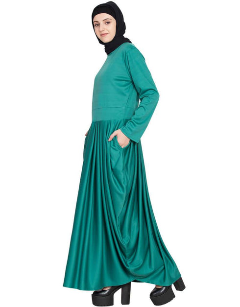 Modern Waist pleated stretchable knits travel Teal abaya Green