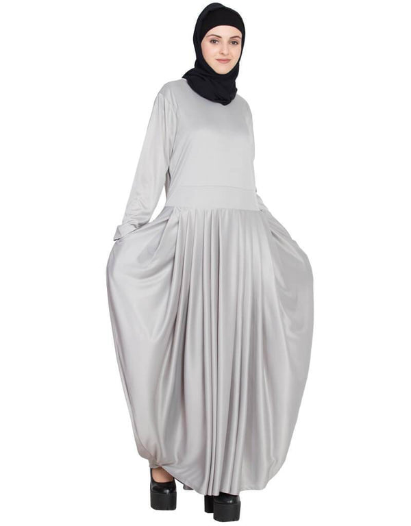 Dubai Pleating at waist stretchable knits travel White abaya Grey