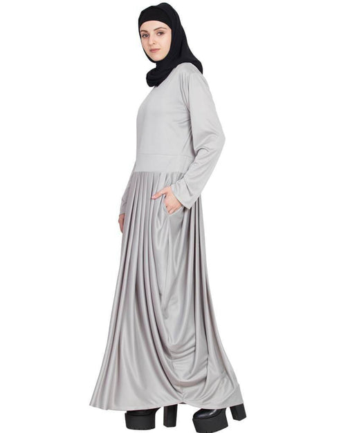 Dubai Pleating at waist stretchable knits travel White abaya Grey