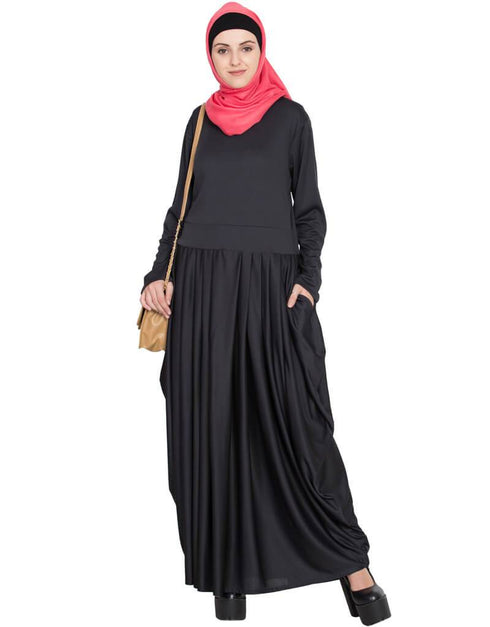 Muslim Pleating at waist stretchable knits Black abaya Black