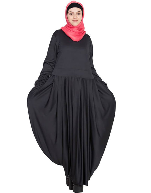Muslim Pleating at waist stretchable knits Black abaya Black