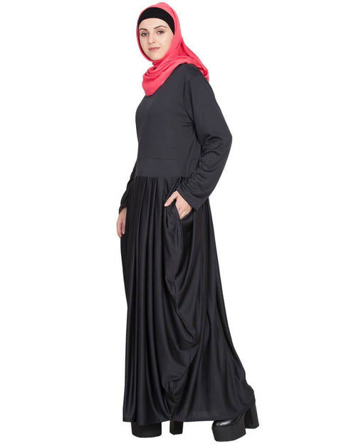 Muslim Pleating at waist stretchable knits Black abaya Black