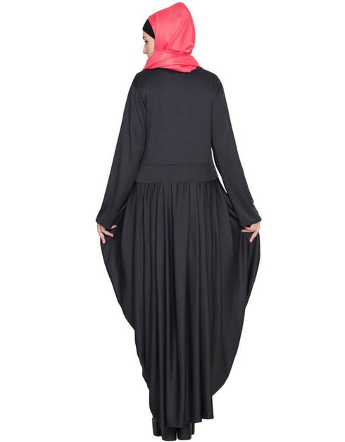 Muslim Pleating at waist stretchable knits Black abaya Black