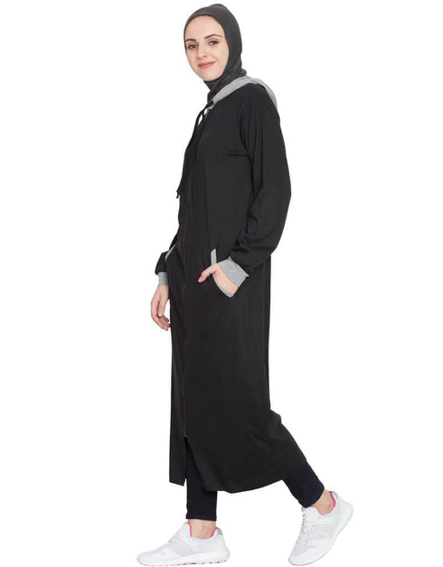 Modest Front open with hood Jersey Sports Abaya Black