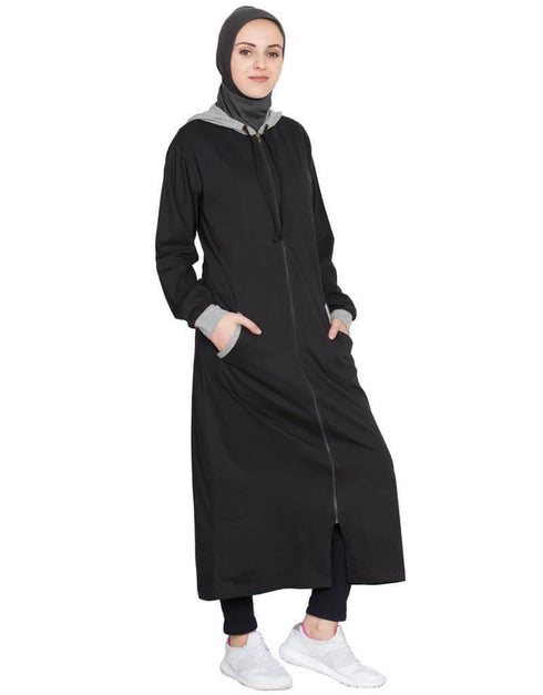 Modest Front open with hood Jersey Sports Abaya Black